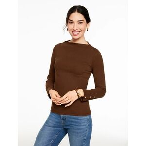 Talbots Womens Brown Ribbed Boat Neck Long Sleeve Top Gold Button Cuffs Size M
